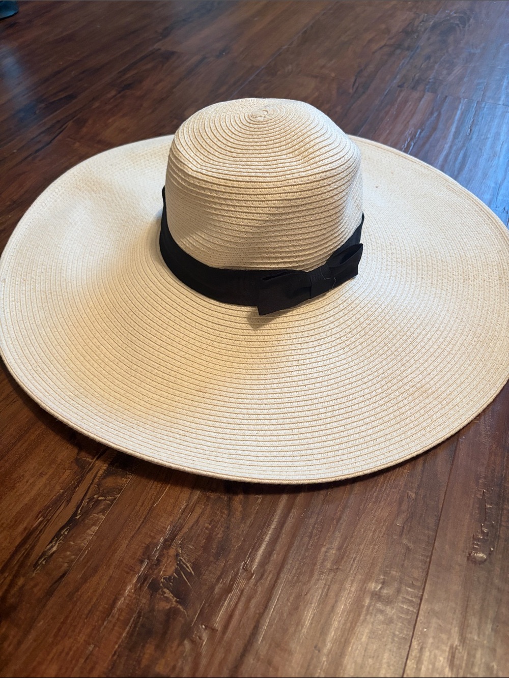 Cream Wide-Brim Sun Hat with Black Ribbon